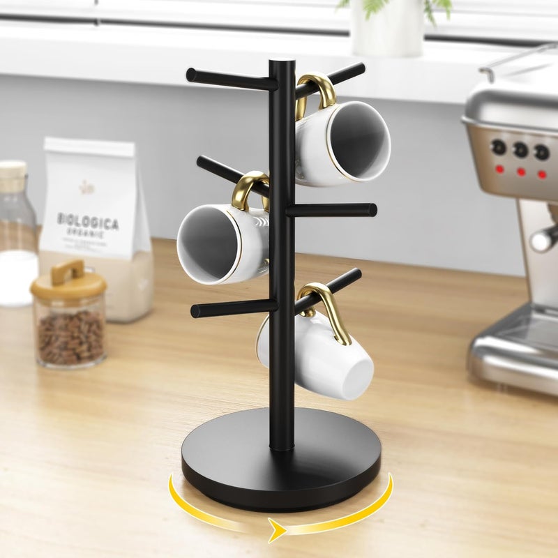 Wisuce Coffee Mug Holder Tree Upgraded 360Rotated Cup Holder for Counter Black Wood Cup Tree Mug Rack Organizer Stand with 6 Hooks for Kitchen Coffee Bar Accessories - Image 2